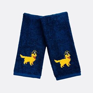 halloween hand towels: navy blue cotton towels with friendly pirate dog, 2 piece set, 16" x 28" inch each