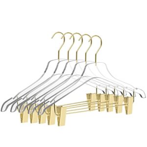 quality lucite acrylic clear skirt pants trousers bottom hangers 5-pack, with adjustable metal clips, made of clear acrylic for a luxurious look and feel with swivel hook (matte gold, 5)