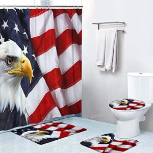 lokmu 4 pcs shower curtain set 4th of july american flag bald eagle independence day patriotic with non-slip rugs toilet lid cover and bath mat waterproof with 12 hooks bathroom decor set 72" x 72"
