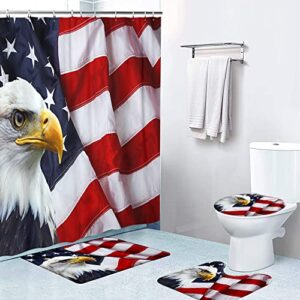 LOKMU 4 Pcs Shower Curtain Set 4Th of July American Flag Bald Eagle Independence Day Patriotic with Non-Slip Rugs Toilet Lid Cover and Bath Mat Waterproof with 12 Hooks Bathroom Decor Set 72" x 72"