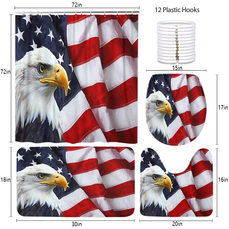 LOKMU 4 Pcs Shower Curtain Set 4Th of July American Flag Bald Eagle Independence Day Patriotic with Non-Slip Rugs Toilet Lid Cover and Bath Mat Waterproof with 12 Hooks Bathroom Decor Set 72" x 72"