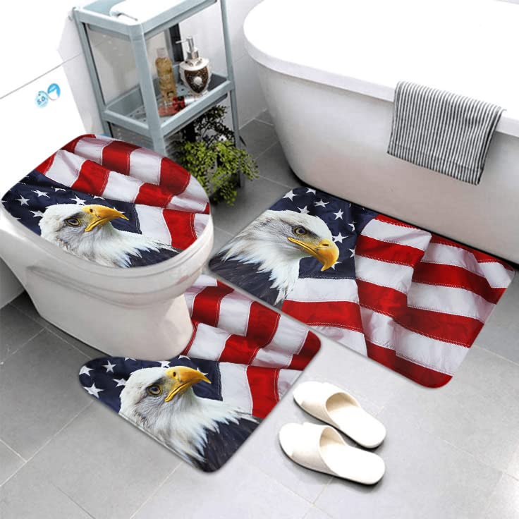 LOKMU 4 Pcs Shower Curtain Set 4Th of July American Flag Bald Eagle Independence Day Patriotic with Non-Slip Rugs Toilet Lid Cover and Bath Mat Waterproof with 12 Hooks Bathroom Decor Set 72" x 72"