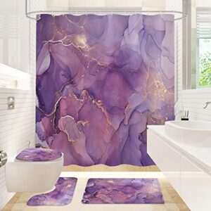 gibelle 4 pcs purple marble shower curtain set with non-slip rugs, toilet lid cover and bath mat, lavender bathroom decor set with shower curtain and rugs and accessories