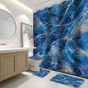 kinuuis 4pc blue marble with gold bathroom shower curtain sets abstract bathroom sets indigo luxury bathroom sets with rugs and accessories vintage shower curtain for bathroom decoration