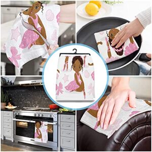 COLORSUM Washcloths Dish Hand Towels SetDancing Ballet Girl with Pink Skirt Cute Black Girl Bow Tie Cleaning Rags Tea Towel Kitchen Bathroom Tools Gifts 2 PCs Washcloths Dish Hand Towels Set