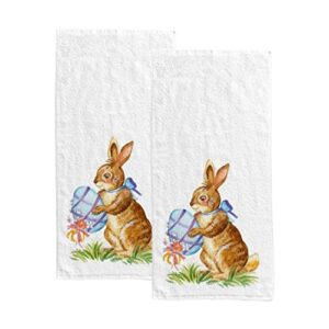 easter bunny holding egg fingertip face bath towels, soft absorbent thin guest hand towels, 2 pack easter day decorative dish towels for kitchen bathroom hotel gym, 30x15 inch