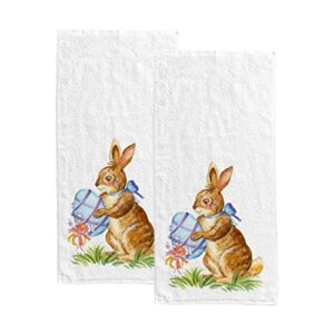 Easter Bunny Holding Egg Fingertip Face Bath Towels, Soft Absorbent Thin Guest Hand Towels, 2 Pack Easter Day Decorative Dish Towels for Kitchen Bathroom Hotel Gym, 30x15 Inch