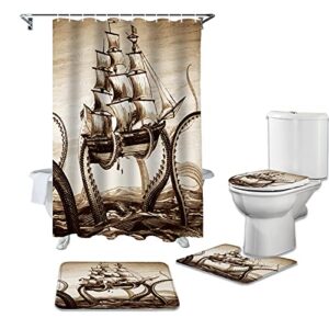 bestlives 4 pcs shower curtain sets with rugs pirate boat non-slip soft toilet lid cover for bathroom ocean animal kraken octopus bathroom sets with bath mat and 12 hooks