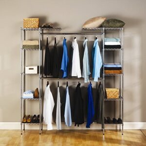 knocbel expandable 58"-85" metal closet organzier clothes garment rack with storage shelves, hangers & 2 hanging rods for wardrobe bedroom living room laundry room hotel dorm (sliver)