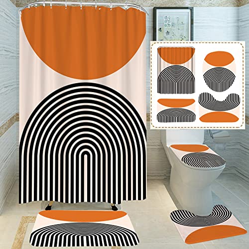 Alabohuke 4 Pcs Simple Style Shower Curtain Set, Abstract Art Bathroom Decoration Set with Rugs, Toilet Lid Cover and Bath Mat, Bathroom Curtains Set with 12 Hooks, Polyester Fabric, 72x72 Inch