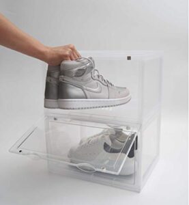 aeas - clear plastic stackable foldable shoe boxes, pack of 2 drop front shoe container organizer with magnetic closure for sneaker collection for men and women