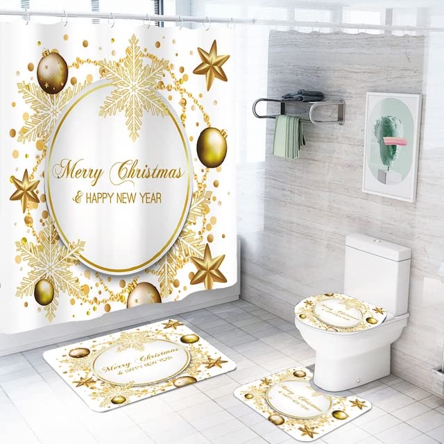 AXISRC 4 Pieces Merry Christmas Shower Curtains Sets Happy New Year Pad Set Bathroom Curtain Golden Stars and Spheres Cartoon Bath Mat 71x71inches