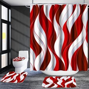 poedist 4 pcs bathroom shower curtain set,red stripe bathroom decor trendy style shower curtain sets with rugs(bath mat,u shape and toilet lid cover mat) and 12 hooks