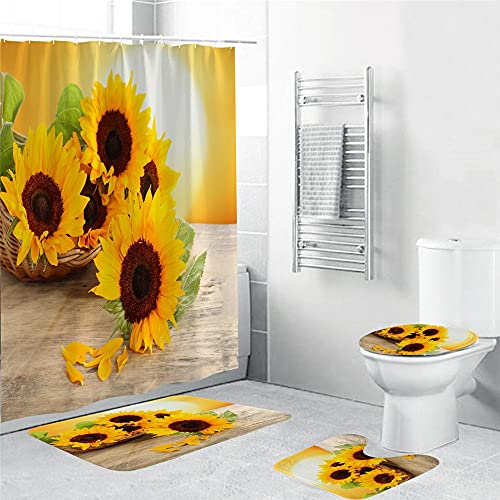 AXISRC 4Pcs Set Sunflower Bathroom Set Flower Scenery Waterproof Shower Curtains Sets Home Office School El 71x71inches