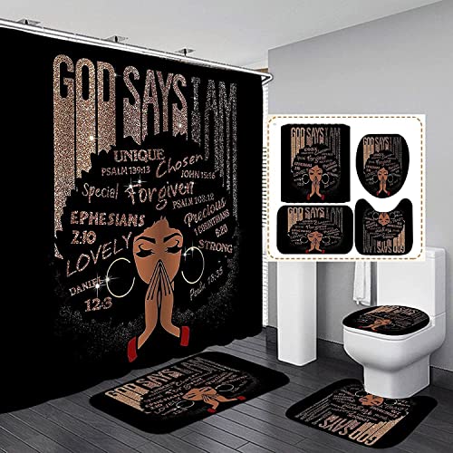 4PCS Praying Black Girl Bathroom Sets with Shower Curtain and Rugs Toilet Lid Cover and Bath Mat, Inspirational Quotes Afrcian Shower Curtain Set with Hooks, Waterproof Bathroom Decor Shower Curtains