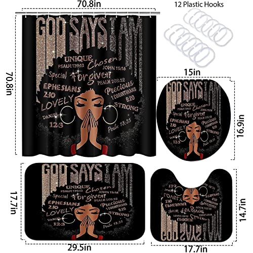 4PCS Praying Black Girl Bathroom Sets with Shower Curtain and Rugs Toilet Lid Cover and Bath Mat, Inspirational Quotes Afrcian Shower Curtain Set with Hooks, Waterproof Bathroom Decor Shower Curtains