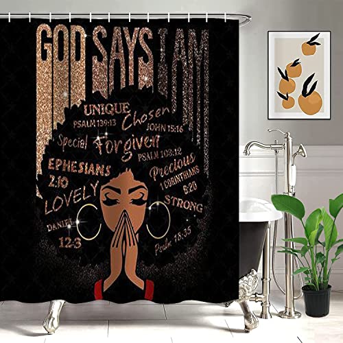 4PCS Praying Black Girl Bathroom Sets with Shower Curtain and Rugs Toilet Lid Cover and Bath Mat, Inspirational Quotes Afrcian Shower Curtain Set with Hooks, Waterproof Bathroom Decor Shower Curtains