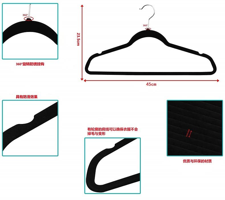 Hoogtecly Premium Velvet Hangers Heavyduty - Non Slip - Velvet Suit Hangers Hooks,Space Saving Clothes Hangers Black (30pcs)