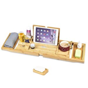 bathtub tray expandable caddy foldable bamboo bath organizer with free soap holder organize bathroom accessories