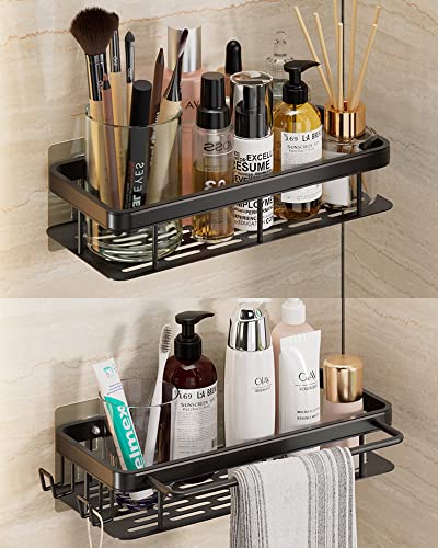 SPNDOB Shower Caddy, Adhesive Shower Shelves with Hooks No Drilling Rustproof & Waterproof Wall Mounted Bathroom Shower Organizer,Black.[2 Pack]