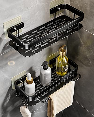 SPNDOB Shower Caddy, Adhesive Shower Shelves with Hooks No Drilling Rustproof & Waterproof Wall Mounted Bathroom Shower Organizer,Black.[2 Pack]