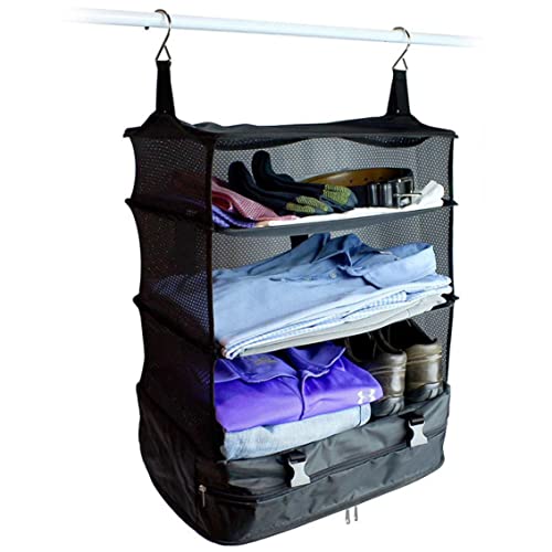 KUYYFDS Portable Travel Storage Bag, Hook Hanging Organizer Wardrobe Clothes Storage Rack Holder Travel Suitcase Shelves-Black Toiletry Bags