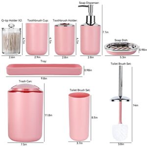 HOMEACC Pink Bathroom Accessories Set with Trash Can,Toothbrush Holder,Toothbrush Cup,Soap Dispenser,Soap Dish,Toilet Brush Holder,Tray and Qtip Holders, Plastic Bathroom Set for Home and Bathroom