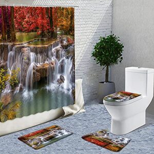 axisrc forest waterfall shower curtains 3d spring autumn landscape bathroom 4pcs sets home toilet decorative curtain set bath mats rugs 71x71inches