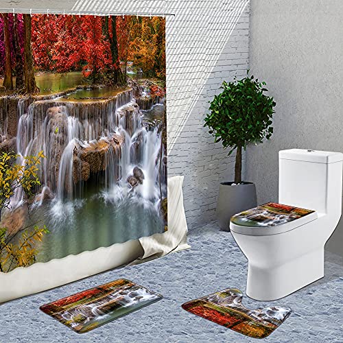 AXISRC Forest Waterfall Shower Curtains 3D Spring Autumn Landscape Bathroom 4Pcs Sets Home Toilet Decorative Curtain Set Bath Mats Rugs 71x71inches