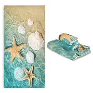 vdsrup summer beach ocean bath towels set of 3 sea seashells starfishs hand towels washcloth soft thin face guest towel kitchen tea dish towels bathroom decorations housewarming gifts