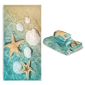 Vdsrup Summer Beach Ocean Bath Towels Set of 3 Sea Seashells Starfishs Hand Towels Washcloth Soft Thin Face Guest Towel Kitchen Tea Dish Towels Bathroom Decorations Housewarming Gifts