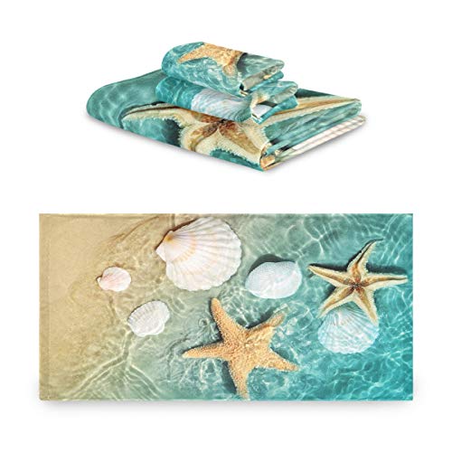 Vdsrup Summer Beach Ocean Bath Towels Set of 3 Sea Seashells Starfishs Hand Towels Washcloth Soft Thin Face Guest Towel Kitchen Tea Dish Towels Bathroom Decorations Housewarming Gifts