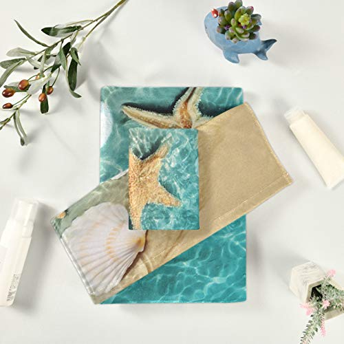 Vdsrup Summer Beach Ocean Bath Towels Set of 3 Sea Seashells Starfishs Hand Towels Washcloth Soft Thin Face Guest Towel Kitchen Tea Dish Towels Bathroom Decorations Housewarming Gifts