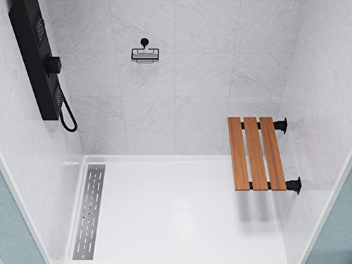 Bohemian 18.7 in. Teak Wall Mounted Folding Shower Seat in Matte Black