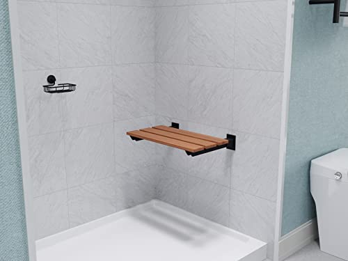 Bohemian 18.7 in. Teak Wall Mounted Folding Shower Seat in Matte Black