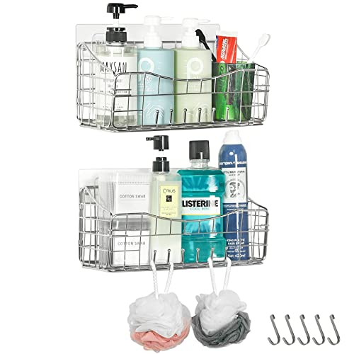 2 Pack Adhesives Shower Caddy No Drilling 304 Stainless Steel Foldable Wall Mount Shelf Basket With Removable Hooks for Hanging Sponge,Shower Organizer Bathroom Shelves