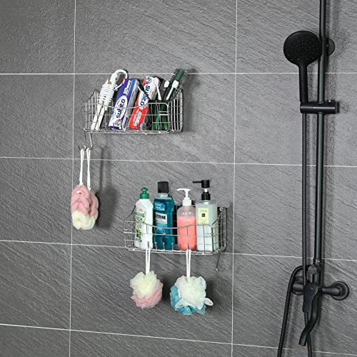 2 Pack Adhesives Shower Caddy No Drilling 304 Stainless Steel Foldable Wall Mount Shelf Basket With Removable Hooks for Hanging Sponge,Shower Organizer Bathroom Shelves