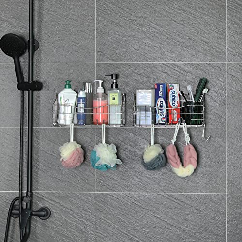 2 Pack Adhesives Shower Caddy No Drilling 304 Stainless Steel Foldable Wall Mount Shelf Basket With Removable Hooks for Hanging Sponge,Shower Organizer Bathroom Shelves