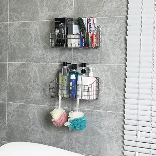 2 Pack Adhesives Shower Caddy No Drilling 304 Stainless Steel Foldable Wall Mount Shelf Basket With Removable Hooks for Hanging Sponge,Shower Organizer Bathroom Shelves