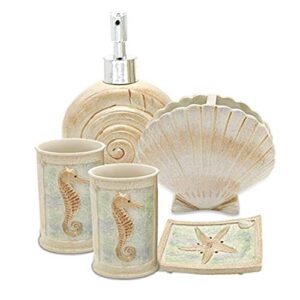 hotsan bathroom accessory set, 5 pcs beach seashells ensemble set includs soap dispenser, soap dish, tumbler, toothbrush holder - ivory polyresin set for home, office, superior hotel