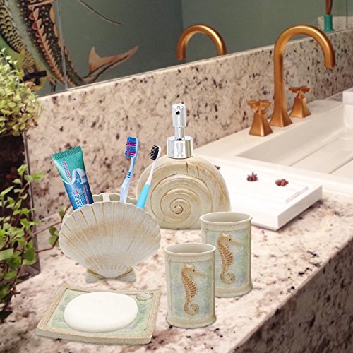 HotSan bathroom accessory Set, 5 PCS Beach Seashells Ensemble Set Includs Soap Dispenser, Soap Dish, Tumbler, Toothbrush Holder - Ivory Polyresin Set for Home, Office, Superior Hotel