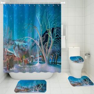 AXISRC 4 Pieces Snow Scene Shower Curtains Sets 3D Print Merry Christmas Rugs for Bathroom Bath Sets Home Textile Blue Bathroom Mat 71x71inches