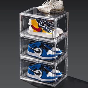 yimeka shoe box, shoe organizer display case, 3-pack, clear plastic stackable front shoe container with clear door, shoe cabinet closet, magnetic side opening sneaker storage (14.6"x8.3 "x10.2")