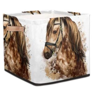 horse watercolor painting 13x13x13 inch large fabric storage cubes, collapsible cube storage bins organizer boxes with leather handles cube baskets for organizing closet shelves