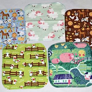 2 Ply Printed Flannel 8x8 Inches Set of 5 Little Wipes Farm Life