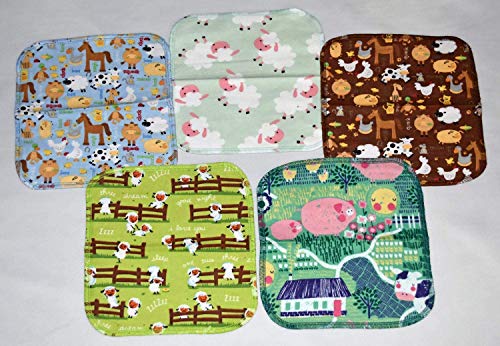 2 Ply Printed Flannel 8x8 Inches Set of 5 Little Wipes Farm Life