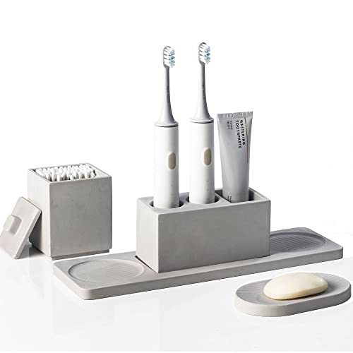 Bathroom Accessory Set Grey, Toothbrush Holder Set Diatomite, Bathroom Accessories Countertop Complete with Electric Toothbrush Holders, Soap Dish Set