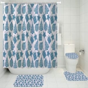 AXISRC 4 Pieces Blue Cartoon Shower Curtains Sets Merry Christmas Rugs Home Textile Bathroom Mat 3D Print for Kids Gift Bath Sets 71x71inches