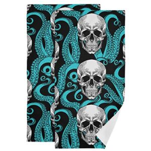 naanle stylish skull turquoise octopus tentacles soft 2 piece fluffy guest hand towels, multipurpose decor for bathroom, hotel, gym and spa (14" x 28")