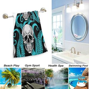 Naanle Stylish Skull Turquoise Octopus Tentacles Soft 2 Piece Fluffy Guest Hand Towels, Multipurpose Decor for Bathroom, Hotel, Gym and Spa (14" x 28")
